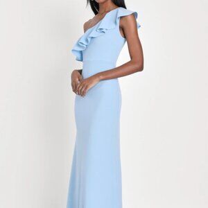 Lulus Last Forever Powder Blue One Shoulder Ruffled Maxi Dress